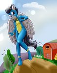  2016 absurd_res anibaruthecat anthro anthrofied barn clothed clothing equine eyewear feathered_wings feathers fence flying friendship_is_magic goggles hair hi_res male mammal my_little_pony outside pegasus rumble_(mlp) skinsuit tight_clothing tree wings 