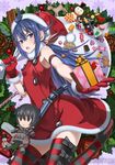  ahoge blue_eyes blue_hair box dress gift gift_box gloves hair_between_eyes hat honjou_raita imca kurt_irving long_hair looking_at_viewer open_mouth ponytail red_dress red_gloves red_hat sack santa_gloves santa_hat senjou_no_valkyria senjou_no_valkyria_3 sleeveless sleeveless_dress solo striped striped_legwear sweatdrop thighhighs watermark 