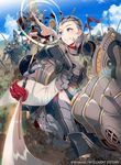  40hara armor blonde_hair clenched_teeth cloud company_connection company_name copyright_name day dirt downscaled english fire_emblem fire_emblem_cipher fire_emblem_if gameplay_mechanics gauntlets glint grey_eyes grey_hair groin hair_slicked_back highres holding holding_weapon horse horseback_riding image_sample lens_flare looking_back md5_mismatch multiple_boys naginata outdoors polearm resized riding short_hair sky sophie_(fire_emblem_if) sweatdrop teeth thighhighs topless twitter_sample watermark weapon 