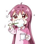  ahoge alternate_hairstyle blush_stickers brushing_teeth bubble buttons chibi collared_shirt cup foam foaming_at_the_mouth hair_down jpeg_artifacts long_hair long_sleeves lowres mug namori pajamas purple_eyes purple_hair shirt simple_background solo sugiura_ayano tareme toothbrush upper_body very_long_hair white_background yuru_yuri 