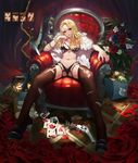  armchair black_burning_kira blonde_hair blood blood_stain book bra bracelet breasts card cartridge chair coin curtains dragunov_svd easy_chair fishnets flower flower_pot full_body fur garter_straps gun hand_on_own_cheek handgun head_tilt high_heels highres jewelry knife large_breasts long_hair looking_at_viewer navel neck_ring original panties parted_lips petals playing_card red_flower red_rose revolver rifle ring rose rose_petals shoes sitting sniper_rifle solo spread_legs thighhighs torn_clothes torn_legwear underwear weapon zipper zipper_panties 