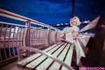  1girl bench blonde_hair city cloud cosplay dutch_angle fence kaname_madoka lana_rain magical_girl mahou_shoujo_madoka_magica night outdoors park photo plant shoes sitting sky solo tree twintails white_legwear 