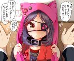  animal_hood black_hair blush brown_eyes cat_hood collar crescent eyepatch hayasaka_mirei hood hoodie idolmaster idolmaster_cinderella_girls looking_at_viewer multicolored_hair open_mouth pov producer_(idolmaster) red_hair short_hair solo_focus translated tsukudani_norio wall_slam 