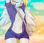  2016 absurd_res alcor90 anthro anthrofied breasts clothed clothing cloud derpy_hooves_(mlp) equine eyes_closed feathered_wings feathers female friendship_is_magic hair hi_res mailbag mammal my_little_pony navel nipples outside pegasus solo wings 