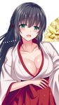  black_hair bow breasts cleavage collarbone eyebrows_visible_through_hair fan green_eyes hair_bow hakama highres japanese_clothes kimono large_breasts long_hair looking_at_viewer miko original red_bow red_hakama saikawa_yusa simple_background solo white_background 