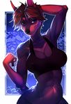  2017 5_fingers anthro black_nose blue_eyes breasts brown_hair canine clothed clothing dog female hair junebuq mammal midriff navel smile solo wide_hips 