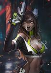  amber_eyes anthro black_nose blurred_background breasts brown_fur brown_hair canine clothed clothing day detailed_background dog female fur gun hair holding_object holding_weapon mammal midriff navel outside ranged_weapon smile solo standing weapon wildering 