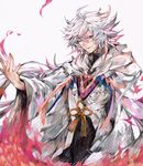  ahoge fate/grand_order fate/stay_night fate_(series) hood irorigumi long_hair male_focus merlin_(fate) one_eye_closed petals robe smile solo white_hair 