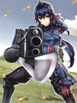  armor blue_eyes blue_hair day gun holding holding_gun holding_weapon imca long_hair looking_at_viewer military military_uniform outdoors rifle senjou_no_valkyria senjou_no_valkyria_3 solo t-track uniform var_(weapon) weapon 