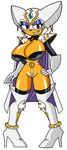  anthro big_breasts boots breasts cape cleavage clothed clothing ear_piercing female footwear mobian_monster navel phantom_lady piercing red_eyes rouge_the_bat simple_background solo sonic_(series) white_background 