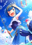  arm_up armpits bad_id bad_pixiv_id blue_eyes blue_hair blue_pants blue_sailor_collar blue_sky blush bright_pupils bubble cloud covered_navel day fishing_rod flower from_below gen_3_pokemon gen_7_pokemon hairband holding holding_fishing_rod ocean one-piece_swimsuit one_eye_closed open_mouth outdoors pants petals pokemon pokemon_(creature) pokemon_(game) pokemon_sm popplio sailor_collar school_swimsuit shirt short_hair sky sleeveless sleeveless_shirt splashing suiren_(pokemon) swimsuit swimsuit_under_clothes trial_captain wading wet wet_clothes wet_hair wingull wreath zattape 