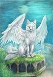  ambiguous_gender canine feathered_wings feathers feral fur hybrid looking_at_viewer lunakia mammal outside sitting solo wings wolf 
