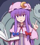  blush book bow bun_cover capelet crescent crescent_hair_ornament d: double_bun dress gears hair_bow hair_ornament hat highres holding holding_book index_finger_raised long_hair looking_at_viewer mob_cap nikori open_mouth patchouli_knowledge purple_eyes purple_hair solo striped striped_dress touhou v-shaped_eyebrows very_long_hair 