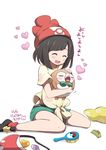  bag bangs bare_legs beanie black_hair blush blush_stickers brush closed_eyes comb cuddling dated floral_print gameplay_mechanics gen_7_pokemon hand_on_another's_head handbag hat heart mizuki_(pokemon) poke_ball_print pokemon pokemon_(creature) pokemon_(game) pokemon_sm ragho_no_erika rowlet shirt shoes short_hair short_shorts short_sleeves shorts sitting sneakers swept_bangs t-shirt tied_shirt translation_request wariza 