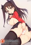  ass black_hair black_legwear blush breasts censored clothes_lift fate/stay_night fate_(series) green_eyes hair_ribbon heart heart_censor large_breasts long_hair mukka open_mouth patreon_logo patreon_username pussy pussy_juice ribbon skirt solo sweat sweater sweater_lift thighhighs toosaka_rin two_side_up watermark 