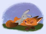 2016 canine disney duo female feral fox fur judy_hopps lagomorph lying male mammal nick_wilde orangeandbluecream rabbit size_difference sleeping zootopia 