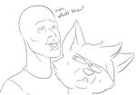  anthro canine clothing duo english_text frown fur human humor looking_back male mammal meme monochrome sweat tagme text unknown_artist 