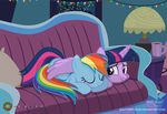  2016 blue_fur blush duo equine eyes_closed feathered_wings feathers female feral friendship_is_magic fur hair hi_res horn hug inside lamp lying mammal multicolored_hair my_little_pony on_front pegasus pillow purple_eyes purple_fur rainbow_dash_(mlp) rainbow_hair shutterflyeqd smile snow sofa twilight_sparkle_(mlp) window winged_unicorn wings 