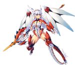  armor awakening_(sennen_sensou_aigis) blue_eyes bodysuit boots breasts cleavage dragon_tail earrings full_body hair_ornament head_wings jewelry large_breasts leotard long_hair lucille_(sennen_sensou_aigis) sennen_sensou_aigis solo tail thigh_boots thighhighs transparent_background uchiu_kazuma weapon white_hair wings 