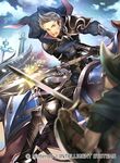  armor battle blue_hair cape cloud company_name day duel faceless fire_emblem fire_emblem_cipher fire_emblem_if gloves green_eyes helmet horse male_focus multiple_boys nagahama_megumi official_art open_mouth polearm shield silas_(fire_emblem_if) sky spear sword teeth weapon 