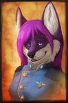  anthro canine clothed clothing female fox fur hair looking_at_viewer lunakia mammal purple_hair smile solo teeth 