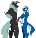  abs alpha_channel anthro balls butt canine erection fur hazakyaracely long_ears male mammal navel pecs penis penis_size_difference sharp_teeth simple_background size_difference smile squint standing teeth transparent_background wolf 