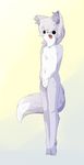  anthro bangs big_tail black_eyes canine chest_tuft collarbone cub ear_tuft eyelashes fangs female flat_chested fox fur hands_behind_back happy mammal navel nipples nude open_mouth pubes purple_fur simple_background smile solo tiptoes tongue tuft white_belly young 