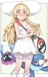  bag blonde_hair blush braid cosmog dress duffel_bag gen_7_pokemon green_eyes hat highres lillie_(pokemon) long_hair pokemon pokemon_(creature) pokemon_(game) pokemon_sm popplio see-through sleeveless sleeveless_dress sun_hat twin_braids white_dress white_hat yohan1754 