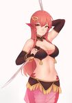  armpits bangs bare_shoulders bikini_top bluefield blush breasts cleavage closed_mouth commentary detached_collar detached_sleeves dual_wielding hair_ornament highres holding holding_sword holding_weapon lamia long_hair looking_at_viewer medium_breasts miia_(monster_musume) monster_girl monster_musume_no_iru_nichijou navel pointy_ears red_hair reverse_grip sarong scales sidelocks slit_pupils smile solo stomach sword weapon yellow_eyes 