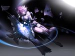  2016 artist_name bare_shoulders broken broken_shield broken_weapon clare_(543) copyright_name damaged dated fate/grand_order fate_(series) gloves hair_over_one_eye highres knees_together_feet_apart mash_kyrielight outstretched_arm purple_eyes purple_gloves purple_hair short_hair solo tearing_clothes thigh_strap thighhighs torn_clothes torn_legwear weapon 