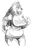  anthro big_breasts black_and_white breasts canine dog female hand_on_hip hladilnik huge_breasts mammal monochrome pointing slightly_chubby smile 