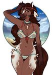  5_fingers anthro bikini brown_eyes brown_fur brown_hair clothing equine eyelashes female fur hair horse mammal porin smile solo swimsuit wide_hips 