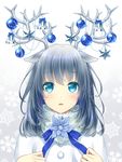  animal_ears antlers aqua_eyes bangs bauble bell blue_bow blue_flower blue_ribbon blush bow chain christmas christmas_ornaments commentary daidai_jamu eyebrows eyebrows_visible_through_hair flower grey_hair highres long_hair looking_up original parted_lips reindeer_antlers reindeer_ears revision ribbon shiny shiny_hair snowflake_background solo star tareme 