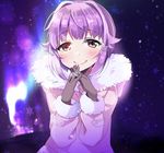  black_gloves blush boots chocho_(homelessfox) coat fingers_together fur_trim gloves hair_ornament hairclip idolmaster idolmaster_cinderella_girls koshimizu_sachiko looking_at_viewer purple_hair snow snowing solo winter winter_clothes winter_coat 