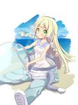  blonde_hair braid breasts covered_nipples diving_helmet diving_suit dress green_eyes helmet highres lillie_(pokemon) long_hair nipples open_mouth pokemon pokemon_(anime) pokemon_sm_(anime) see-through sitting sleeveless sleeveless_dress small_breasts solo sweat tenjou_ryuka twin_braids wet wet_clothes white_dress 