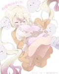  animal_print bangs blonde_hair blush bunny_print character_name closed_eyes cloud cloud_print dated floating frilled_pillow frills gradient_hair hair_between_eyes hair_ornament highres long_hair long_sleeves mahou_shoujo_ikusei_keikaku mahou_shoujo_ikusei_keikaku_unmarked multicolored_hair neki_(wakiko) nemurin no_shoes pajamas pillow pillow_hug sleeves_past_wrists solo twintails twitter_username very_long_hair white_legwear 