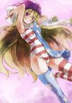  adapted_costume alternate_legwear american_flag_dress american_flag_legwear american_flag_swimsuit armpits arms_up asymmetrical_clothes blonde_hair clownpiece commentary_request dress flag_print grin hat jester_cap long_hair one-piece_swimsuit print_swimsuit red_eyes short_dress smile solo star striped striped_legwear striped_swimsuit swimsuit thighhighs touhou yohane 