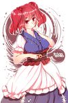  blush breasts coin covered_nipples furim hair_bobbles hair_ornament hand_on_own_cheek highres japanese_clothes kimono kimono_skirt large_breasts obi onozuka_komachi red_eyes red_hair rubbing sash short_hair smile solo touhou two_side_up 