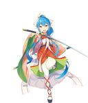  blue_hair full_body high_ponytail holding holding_sheath holding_sword holding_weapon kaguya_(sennen_sensou_aigis) katana katou_itsuwa leg_up long_hair long_sleeves looking_at_viewer o-ring official_art open_mouth platform_footwear pointy_ears round_teeth sandals sennen_sensou_aigis sheath sidelocks solo sword teeth thick_eyebrows thighhighs transparent_background very_long_hair weapon white_legwear wide_sleeves 