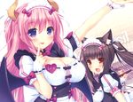  2girls black_hair boku_to_koi_suru_ponkotsu_akuma breasts brown_eyes catgirl chocola_(sayori) cleavage cropped horns kiritani_riria long_hair nekopara original pink_hair purple_eyes sayori scan wings 