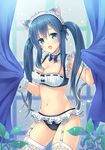  :d animal_ears blue_eyes blue_hair blurry blush bow bowtie bra breasts cat_ears cat_tail cleavage cowboy_shot curtain_grab curtains daidai_jamu depth_of_field detached_collar floral_print frilled_panties frills garter_belt gem hair_between_eyes hair_ornament hairclip head_tilt highres leaf long_hair looking_at_viewer maid maid_bikini maid_headdress medium_breasts navel open_mouth original panties plant revision ribbon-trimmed_bra ribbon_trim rose_print sidelocks smile solo sparkle stomach tail thighhighs twintails underwear underwear_only white_legwear wrist_cuffs 