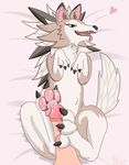  2016 3_toes bed blitzpitz canine claws cum cum_on_feet digitigrade eyelashes female feral foot_fetish footjob fur hindpaw human lycanroc mammal midday_lycanroc nintendo pawpads paws penis pok&eacute;mon toes video_games 