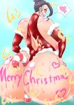  1girl areolae ass between_buttocks black_hair body_writing breasts brown_eyes glasses hat heart huge_ass huge_breasts long_hair looking_at_viewer milf nipples open_mouth santa_hat smile solo sweat 