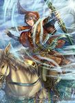  arrow bandana bow_(weapon) company_name earrings fingerless_gloves fire_emblem fire_emblem:_rekka_no_ken fire_emblem_cipher fur_trim gloves green_hair holding holding_weapon horse horseback_riding jewelry male_focus official_art quiver rath riding solo sparkle sword takaya_tomohide weapon wide_sleeves 