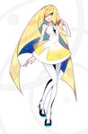  blonde_hair dress gem green_eyes hair_over_one_eye high_heels holding holding_poke_ball long_hair lusamine_(pokemon) poke_ball pokemon pokemon_(game) pokemon_sm short_dress sleeveless sleeveless_dress solo very_long_hair yutoriro 