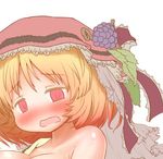  aki_minoriko arinu bare_shoulders blonde_hair blush breasts commentary d: food food_on_head fruit fruit_on_head grapes hat hat_ribbon large_breasts lowres mob_cap object_on_head off_shoulder open_mouth out-of-frame_censoring red_eyes ribbon short_hair solo touhou undressing veil wavy_mouth 