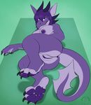  2016 anthro anus aquatic_dragon areola breasts butt carifoxleopard claws dragon female green_background horn lying nipples nude on_side pawpads purple_anus purple_eyes purple_horn purple_nipples purple_pawpads purple_scales scales scalie simple_background solo toe_claws 