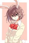  animal_ears bow bunny_ears bunny_tail cardigan extra_ears head_tilt highres long_sleeves looking_at_viewer matsuda_hikari messy_hair original parted_lips pink_background purple_eyes purple_hair red_bow short_hair solo tail upper_body v_arms 