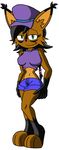 anthro black_hair breasts brown_fur clothed clothing feline female fur gloves_(marking) green_eyes hair half-closed_eyes hat lynx mammal markings midriff mobian_monster navel nicole_the_lynx shirt simple_background solo sonic_(series) tank_top white_background 