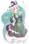  2016 :o blush breasts dated dress electricity furim ghost_tail green_dress green_eyes green_hair hat highres large_breasts long_sleeves looking_at_viewer ofuda_on_clothes short_hair soga_no_tojiko solo tate_eboshi touhou turtleneck 